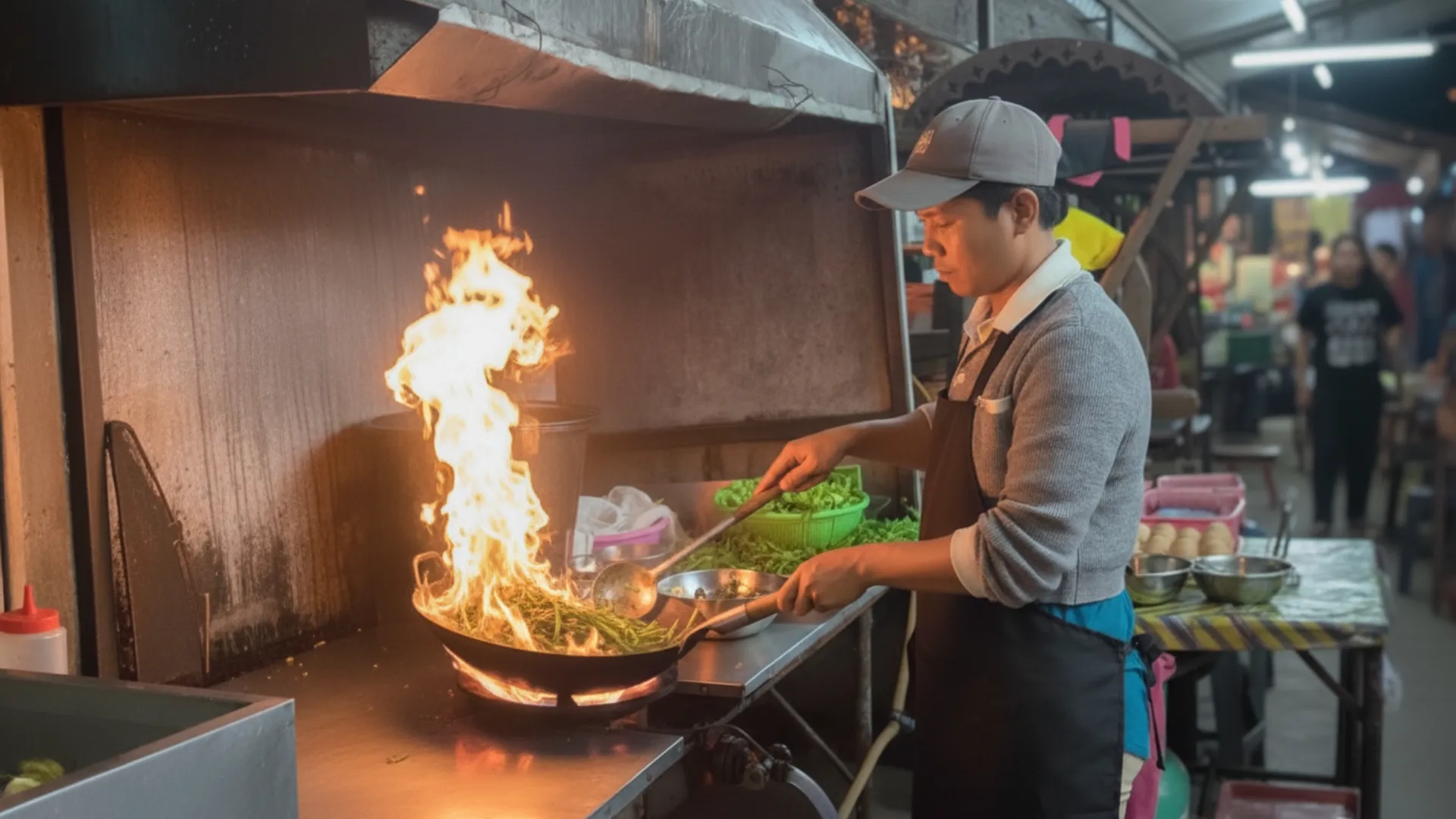 เชฟร้านข้าวต้มกำลังทำเมนูผัดผักบุ้งไฟแดงอย่างเชี่ยวชาญ