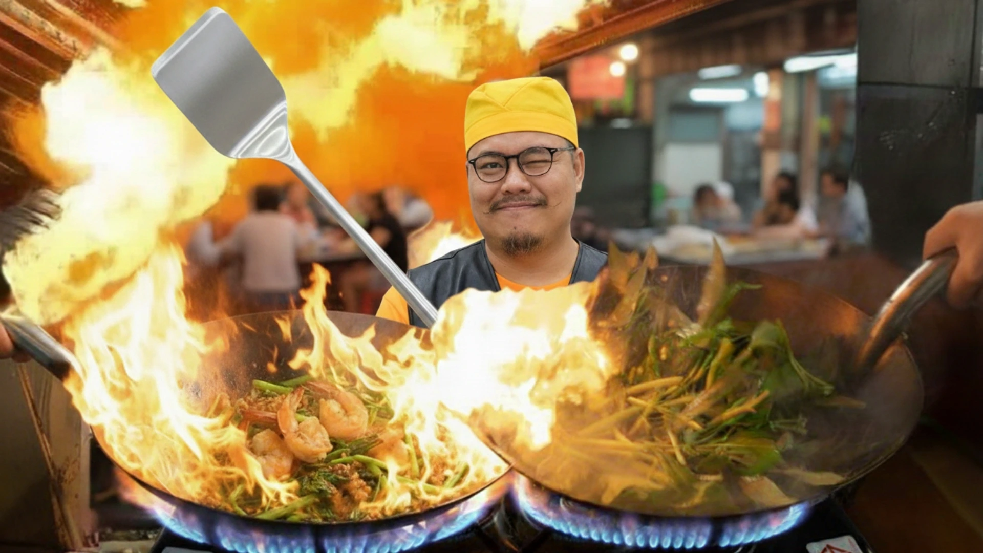 เชฟร้านอาหารตามสั่งกำลังผัดอาหารไฟลุก สะท้อนความดุเดือดของธุรกิจร้านอาหาร