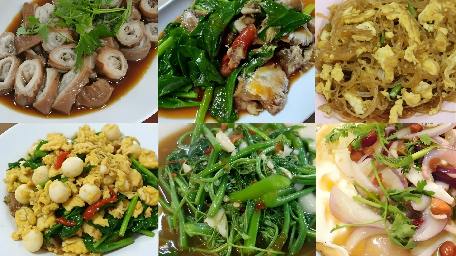 ภาพรวมเมนูอาหารตามสั่งยอดนิยมของไทย เช่น ผัดคะน้า ผัดผักบุ้ง วุ้นเส้นผัดไข่