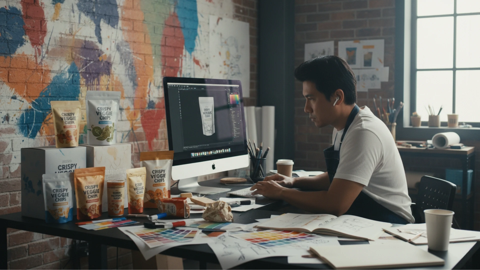 นักออกแบบกราฟิกกำลังทำงานออกแบบบรรจุภัณฑ์สินค้าอาหารบนคอมพิวเตอร์