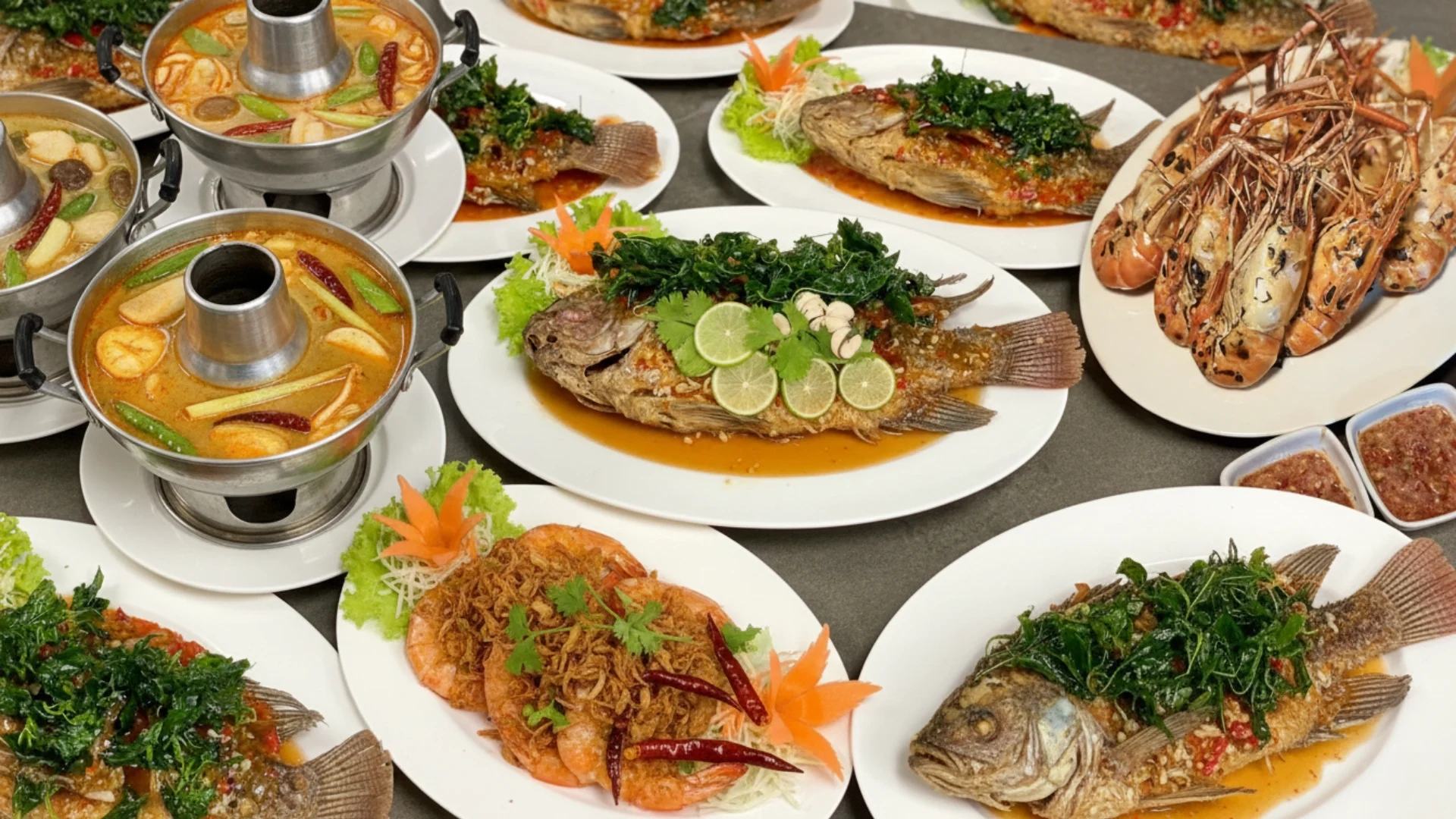 ภาพรวมเมนูอาหารไทยน่ารับประทาน เช่น ต้มยำกุ้ง ปลากะพงทอดน้ำปลา ที่สะท้อนถึงความเชื่อผิดๆ ว่าแค่อร่อยก็พอ
