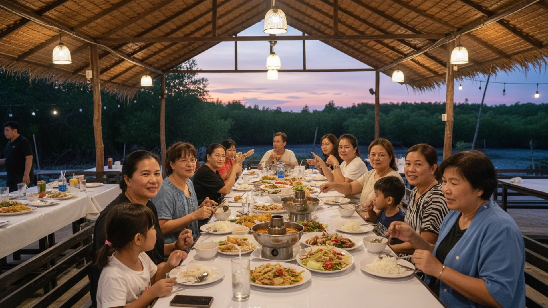 ครอบครัวคนไทยหลายรุ่นกำลังมีความสุขกับการทานอาหารที่ร้านอาหารริมน้ำ สะท้อนถึงกลยุทธ์รักษาลูกค้า