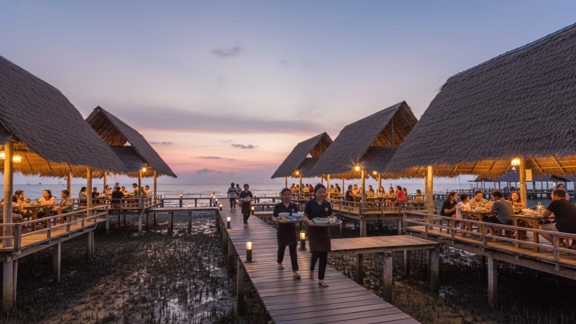 บรรยากาศร้านอาหารศาลาริมทะเลช่วงพระอาทิตย์ตกดิน ที่เต็มไปด้วยลูกค้ากำลังทานอาหาร