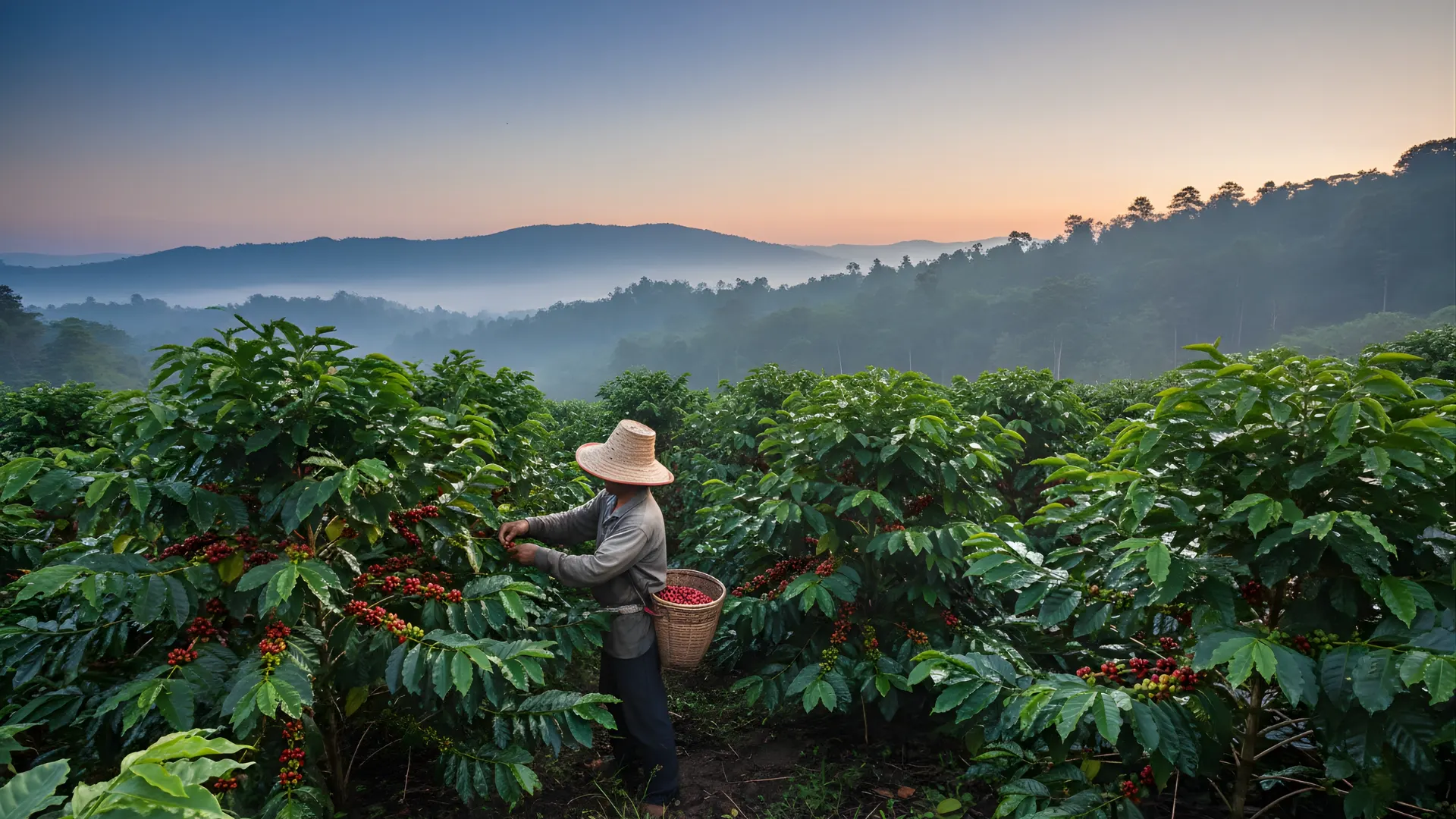 ชาวไร่กาแฟกำลังเก็บเมล็ดกาแฟเชอร์รีสีแดงสดในไร่ที่เชียงราย สะท้อนถึงต้นน้ำของธุรกิจร้านอาหาร
