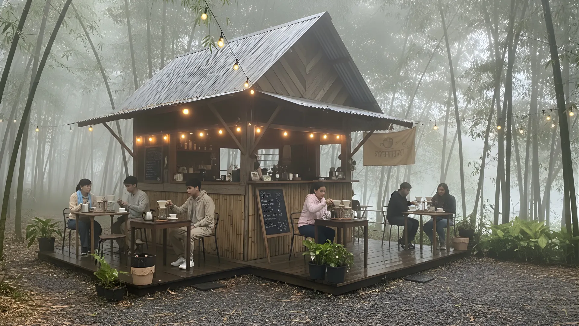 ลูกค้ากำลังนั่งดื่มกาแฟในร้านกาแฟขนาดเล็กที่ตกแต่งด้วยไม้ไผ่กลางสายหมอก