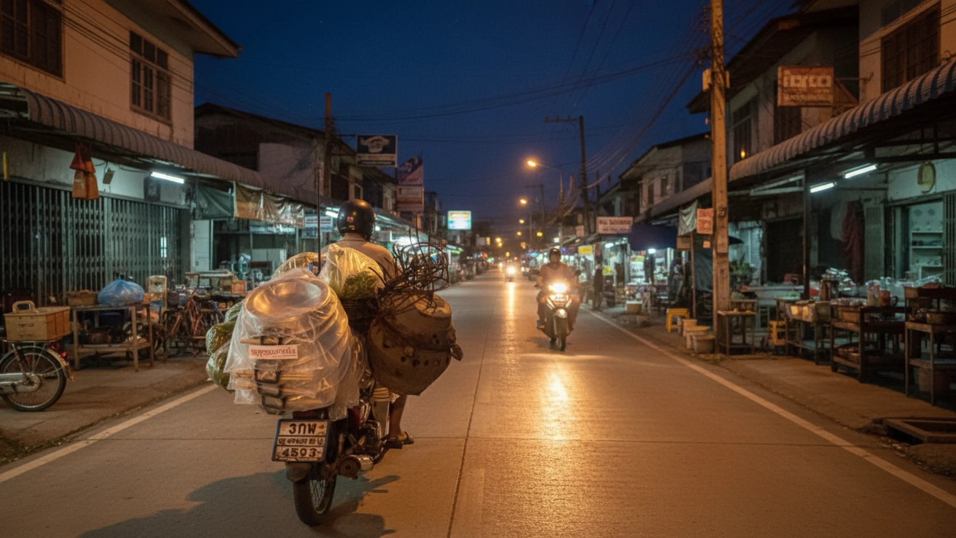 ถนนในตลาดโต้รุ่งต่างจังหวัดยามค่ำคืน มีรถมอเตอร์ไซค์เดลิเวอรี่ส่งหมูกะทะ และร้านค้าเปิดไฟสลัว