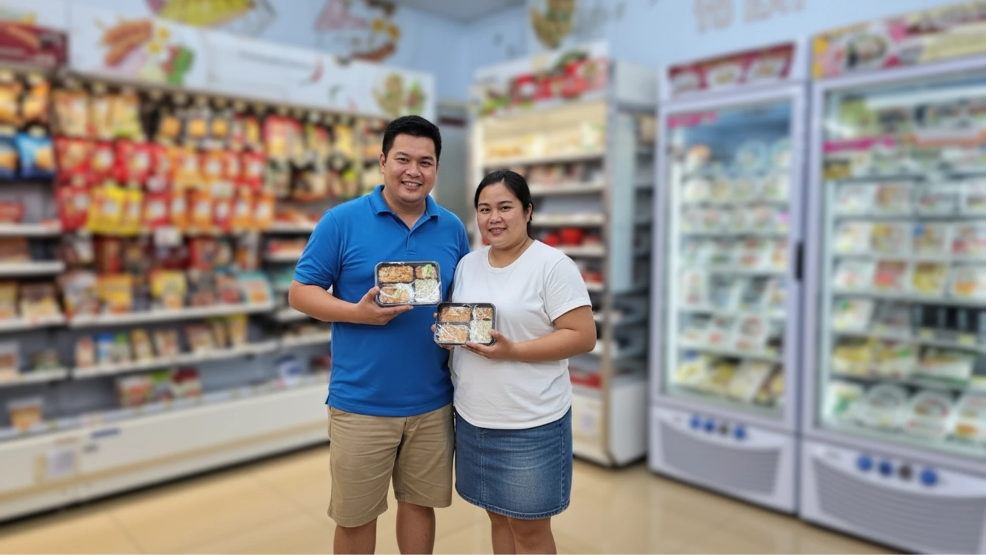 คู่รักหนุ่มสาวยิ้มแย้มพร้อมกับอาหารกล่องพร้อมทานในร้านสะดวกซื้อ