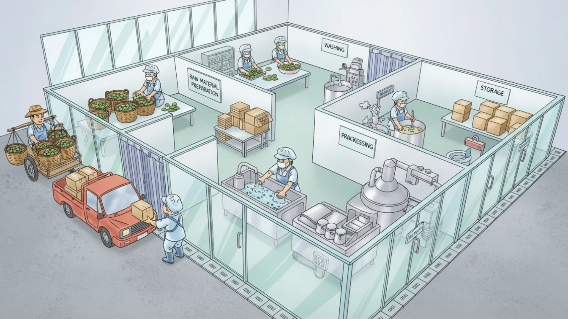 ภาพวาดแผนผังโรงงานผลิตอาหารขนาดเล็กตามมาตรฐาน Primary GMP สำหรับผู้ประกอบการ