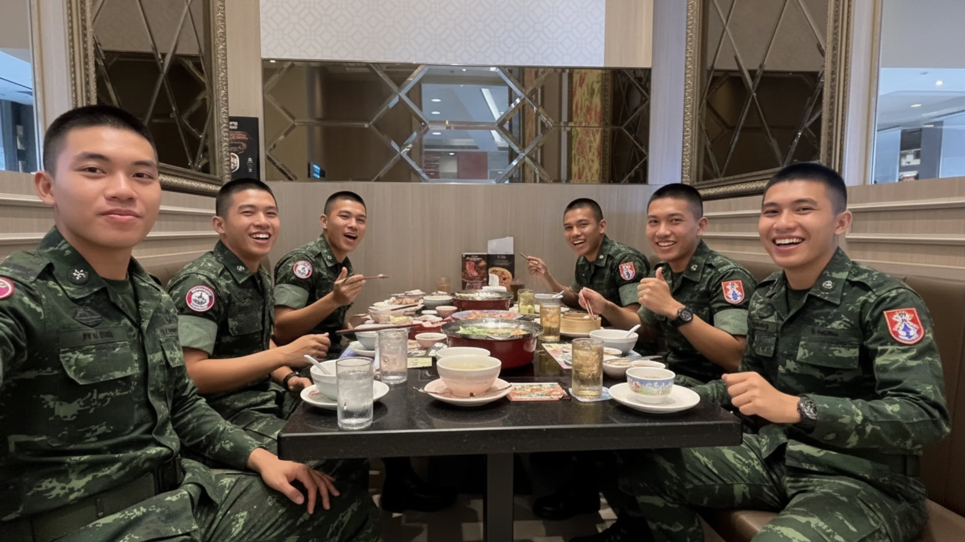 กลุ่มทหารหนุ่มกำลังทานหมูกระทะอย่างมีความสุข สะท้อนถึงความสำคัญของอาหารในการสร้างความสัมพันธ์