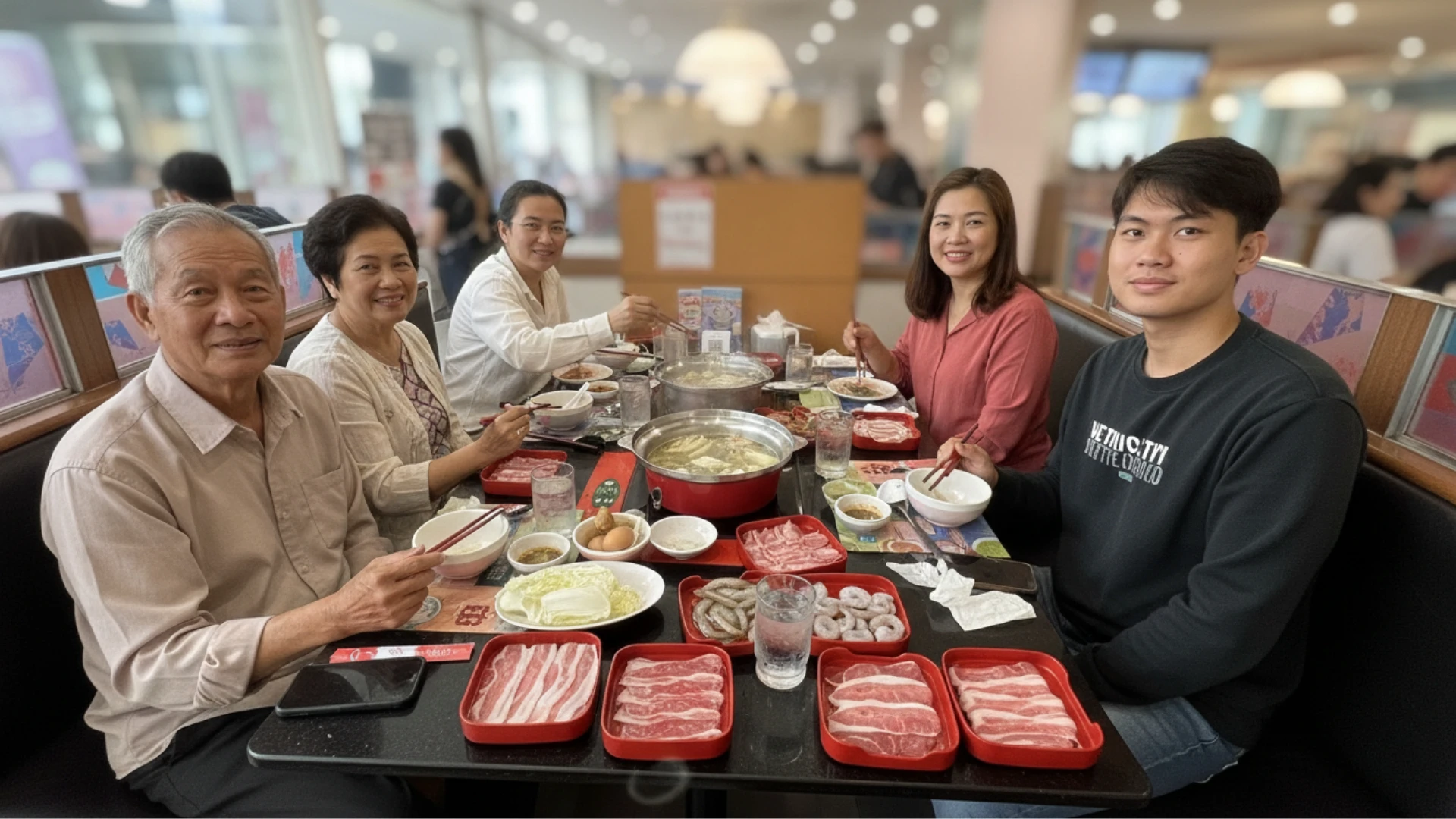 ครอบครัวคนไทยหลายรุ่นกำลังทานสุกี้อย่างมีความสุขในร้านอาหาร สะท้อนถึงตลาด Silver Economy และธุรกิจอาหาร